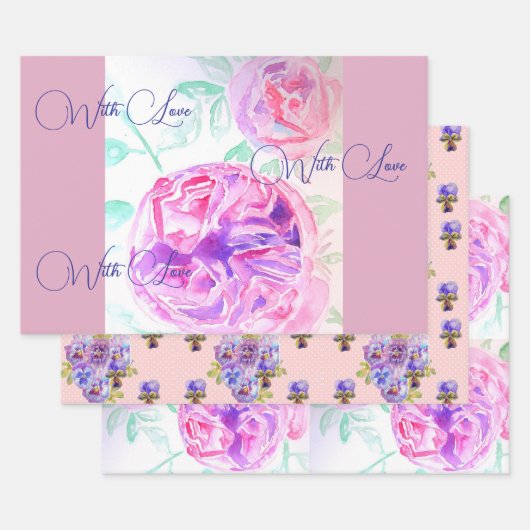 Roze Rose Waterverf Lila Rozen Bloem Bloem Inpakpapier Vel (Set)