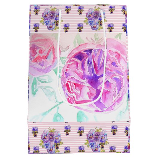 Roze Rose Waterverf Lila Rozen Bloem Bloem Medium Cadeauzakje (Achterkant)