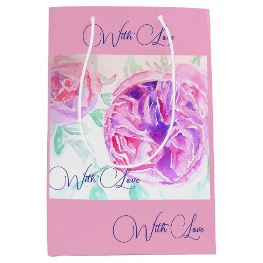 Roze Rose Waterverf Lila Rozen Bloem Bloem Medium Cadeauzakje (Voorkant)