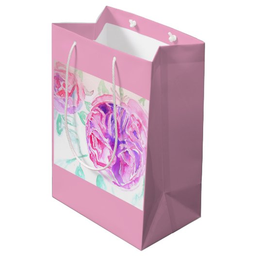 Roze Rose Waterverf Lila Rozen Bloem Bloem Medium Cadeauzakje (Achterkant Gekanteld)