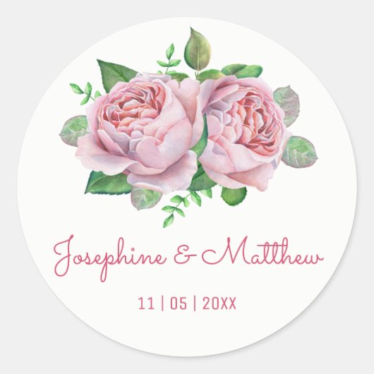 Roze Rose Waterverf Trouwstickers Ronde Sticker (Voorkant)