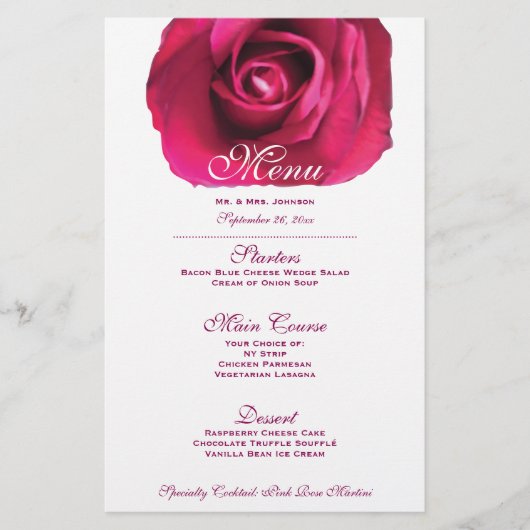 Roze Rose Wedding Menu (Voorkant)