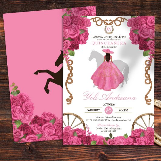 Roze Rose Western Charro Quinceanera Kaart