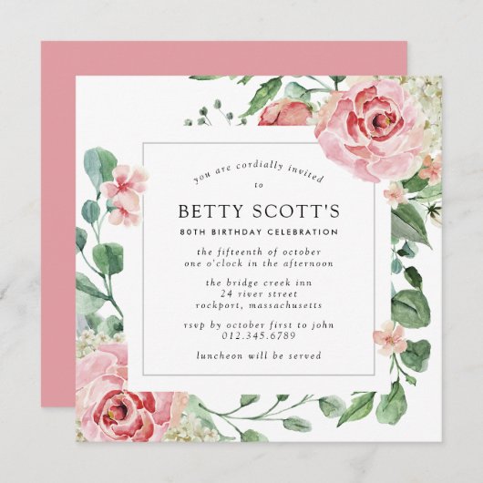 Roze Rose White Hydrangea 80th Birthday Party Kaart (Voorkant / Achterkant)