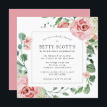 Roze Rose White Hydrangea 80th Birthday Party Kaart<br><div class="desc">Een zeer  vierkant uitnodiging voor een 80ste verjaardagsfeestje. De moderne vierkant heeft een botanisch lijst met roze rozen en witte hydrangeas. Mooie groene eucalyptusbladeren en rozen takken creëer een open en luchtbelletje. Alle tekst kan worden bewerkt. Er zijn coördinerende kantoorbenodigdheden en partijbenodigdheden beschikbaar.</div>