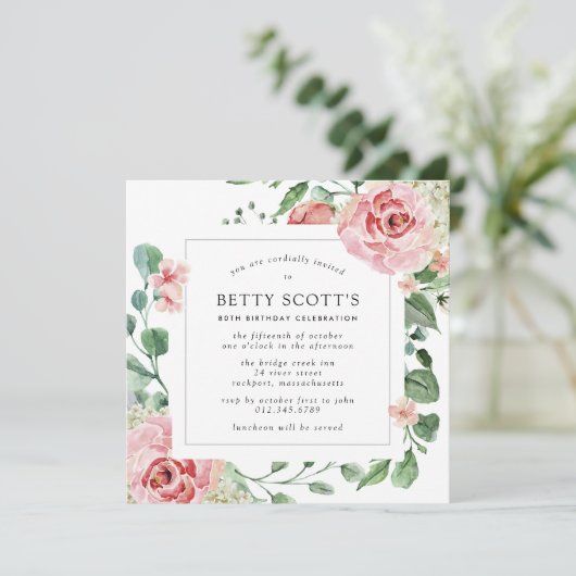 Roze Rose White Hydrangea 80th Birthday Party Kaart (Staand voorkant)