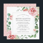 Roze Rose White Hydrangea 80th Birthday Party Kaart<br><div class="desc">Een zeer vierkant uitnodiging voor een 80ste verjaardagsfeestje. De moderne vierkant heeft een botanisch lijst met roze rozen en witte hydrangeas. Mooie groene eucalyptusbladeren en rozen takken creëer een open en luchtbelletje. De achterzijde van de uitnodiging is zacht roze met kleine donkerroze harten. Alle tekst kan worden bewerkt. Er zijn...</div>