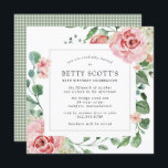 Roze Rose White Hydrangea 80th Birthday Party Kaart<br><div class="desc">Een zeer vierkant uitnodiging voor een 80ste verjaardagsfeestje. De moderne vierkant heeft een botanisch lijst met roze rozen en witte hydrangeas. Mooie groene eucalyptusbladeren en rozen takken creëer een open en luchtbelletje. De uitnodiging terug is bijtend groen en wit het patroon van het controlegipsplaat. Alle tekst kan worden bewerkt. Er...</div>