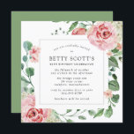 Roze Rose White Hydrangea 80th Birthday Party Kaart<br><div class="desc">Een zeer  vierkant uitnodiging voor een 80ste verjaardagsfeestje. De moderne vierkant heeft een botanisch lijst met roze rozen en witte hydrangeas. Mooie groene eucalyptusbladeren en rozen takken creëer een open en luchtbelletje. Alle tekst kan worden bewerkt. Er zijn coördinerende kantoorbenodigdheden en partijbenodigdheden beschikbaar.</div>