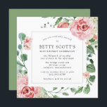 Roze Rose White Hydrangea 80th Birthday Party Kaart<br><div class="desc">Een zeer  vierkant uitnodiging voor een 80ste verjaardagsfeestje. De moderne vierkant heeft een botanisch lijst met roze rozen en witte hydrangeas. Mooie groene eucalyptusbladeren en rozen takken creëer een open en luchtbelletje. Alle tekst kan worden bewerkt. Er zijn coördinerende kantoorbenodigdheden en partijbenodigdheden beschikbaar.</div>