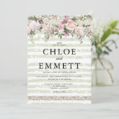 Roze Rose White Hydrangea Green Striped Weddenscha Kaart (Staand voorkant)