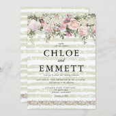Roze Rose White Hydrangea Green Striped Weddenscha Kaart (Voorkant / Achterkant)