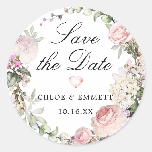 Roze Rose White Hydrangea Save the Date Ronde Sticker (Voorkant)