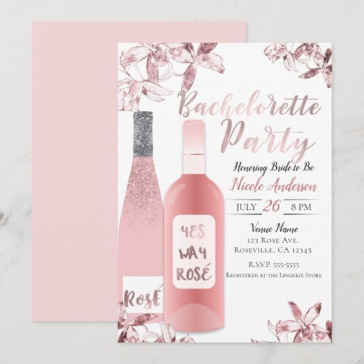 Roze Rosè Wijn & Orchidee Bloemen Bachelorette Par Kaart (Voorkant / Achterkant)