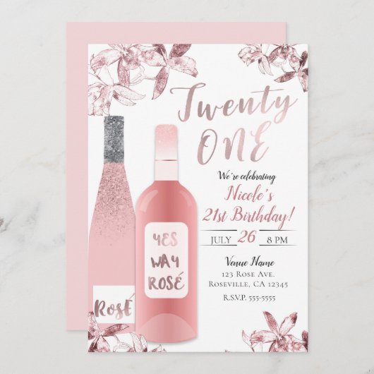 Roze Rosè Wijn & Orchidee Bloemen Twenty One 21st Kaart (Voorkant / Achterkant)