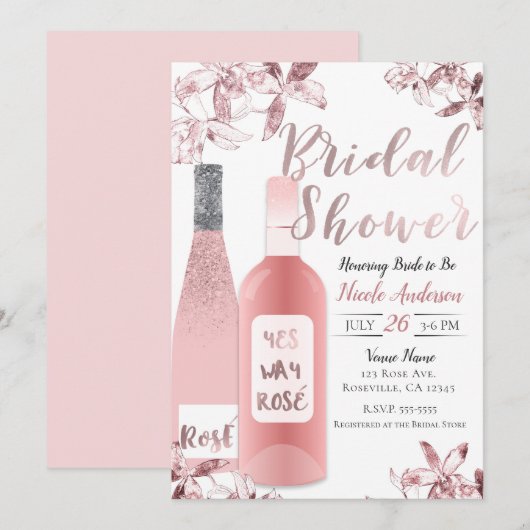 Roze Rosè-wijn & Orchideeën Bruidsdouche Kaart (Voorkant / Achterkant)