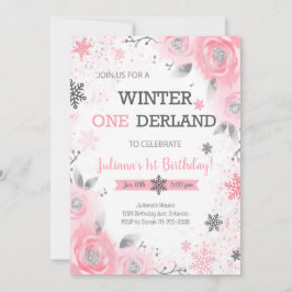 Roze Rose Winter Wonderland 1e Verjaardag Uitnodig Kaart