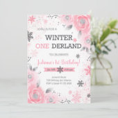 Roze Rose Winter Wonderland 1e Verjaardag Uitnodig Kaart (Staand voorkant)