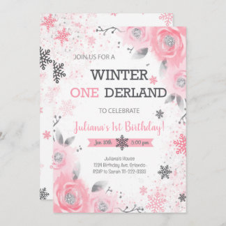 Roze Rose Winter Wonderland 1e Verjaardag Uitnodig Kaart
