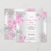 Roze Rose Winter Wonderland Snowflakes Party Kaart (Voorkant / Achterkant)