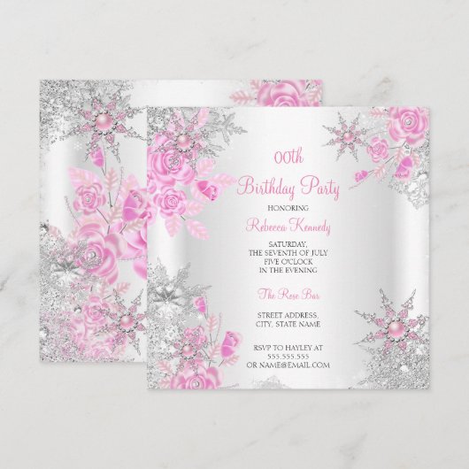 Roze Rose Winter Wonderland Snowflakes Party Kaart (Voorkant / Achterkant)