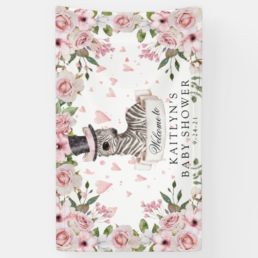 Roze Rose Zebra Baby shower Spandoek (Verticaal)