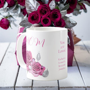 Roze Rose Zilver Bladeren 'You are Loved' Mama's Koffiemok