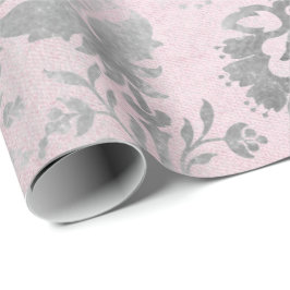 Roze Rose Zilver Grijs Bloemen Cottage Grung Damas Cadeaupapier