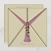 Roze Rosebud Tassel Baby Meisje Douche Uitnodiging (Voorkant / Achterkant)