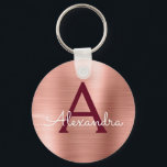 Roze Roségoud Burgundy RVS Monogram Sleutelhanger<br><div class="desc">Roze roségoud en burgundy Marsala neprejné roestvrijstalen metalen elegante sleutelhanger. Deze sleutelhangers kunnen worden aangepast met uw initiaal en voornaam. Deze sleutelhangers zijn geweldige cadeaus voor verjaardagen,  bruidsfeesten of vrijgezellenfeesten.</div>