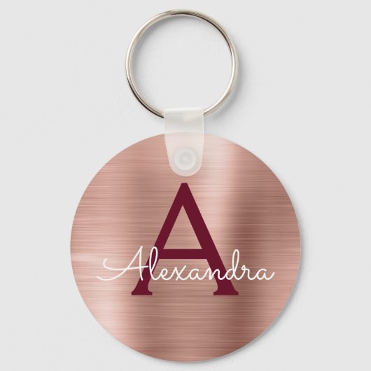 Roze Roségoud Burgundy RVS Monogram Sleutelhanger (Voorkant)