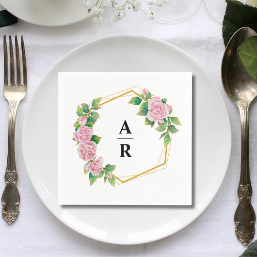 Roze Roségoud Geometrisch Frame Trouw Monogram Servet