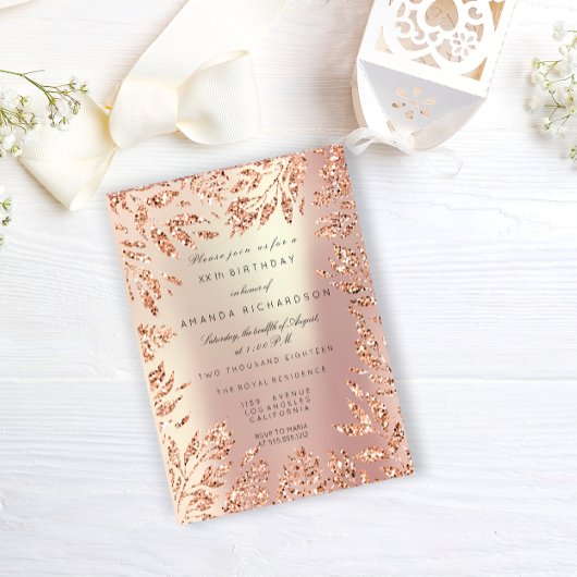 Roze Roségoud Glitter Bladeren Bloem Kader Parelmo Kaart