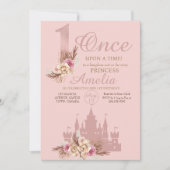 Roze roségoud kasteel prinses 1e verjaardag kaart (Voorkant)