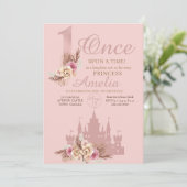 Roze roségoud kasteel prinses 1e verjaardag kaart (Staand voorkant)