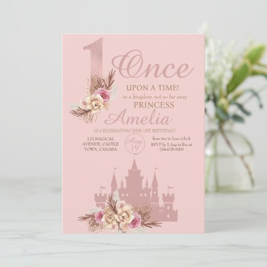 Roze roségoud kasteel prinses 1e verjaardag kaart (Staand voorkant)