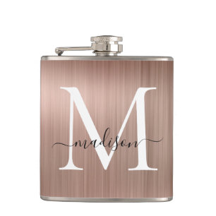 Roze Roségoud Monogram Schrift Borstelstaal Metaal Heupfles