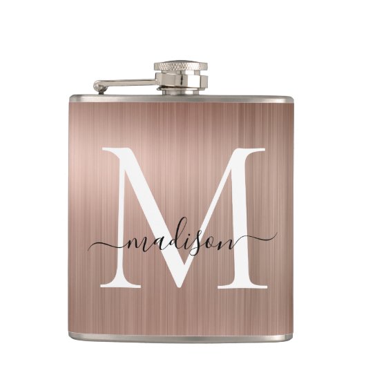 Roze Roségoud Monogram Schrift Borstelstaal Metaal Heupfles (Voorkant)