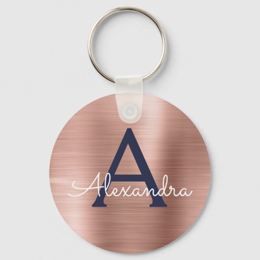 Roze Roségoud Navy Blauwe RVS Stalen Monogram Sleutelhanger (Voorkant)