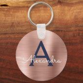 Roze Roségoud Navy Blauwe RVS Stalen Monogram Sleutelhanger (Voorkant)