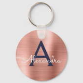 Roze Roségoud Navyblauw RVS Monogram Sleutelhanger (Voorkant)