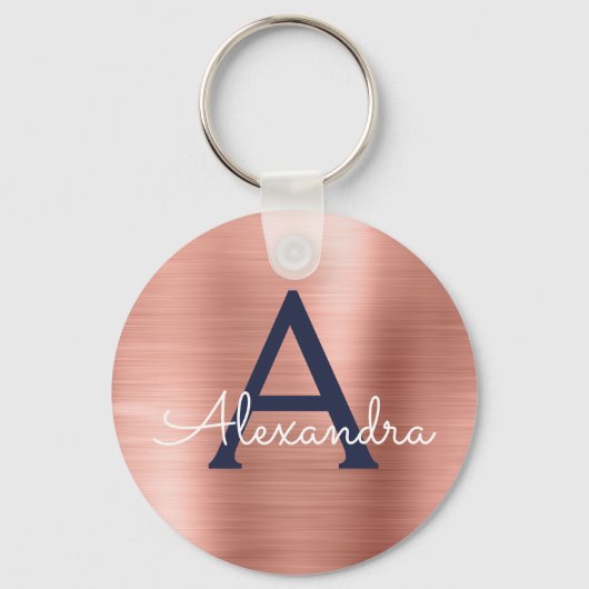 Roze Roségoud Navyblauw RVS Monogram Sleutelhanger (Voorkant)
