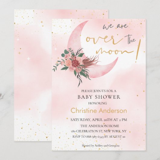 Roze roségoud We are over the Moon Baby shower Kaart (Voorkant / Achterkant)