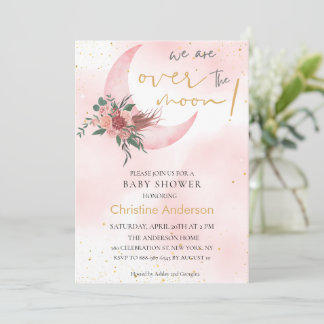 Roze roségoud We are over the Moon Baby shower Kaart