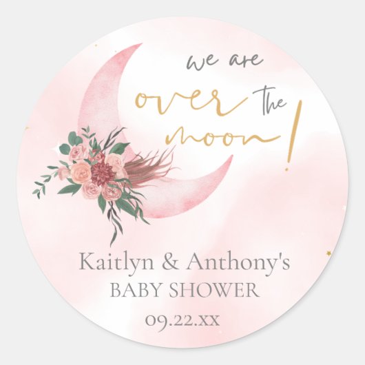 Roze roségoud We are over the Moon Ronde Sticker (Voorkant)