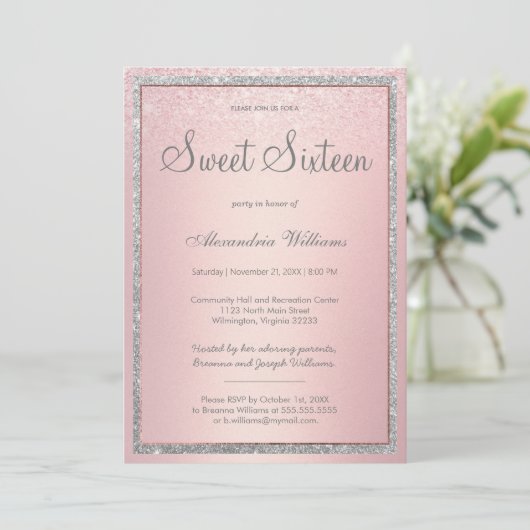 Roze roségoud zilver glitter gradiënt Sweet 16 Kaart (Staand voorkant)