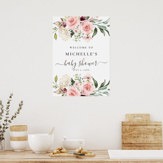 Roze Roses Baby shower Welkomstbord Poster (Keuken)