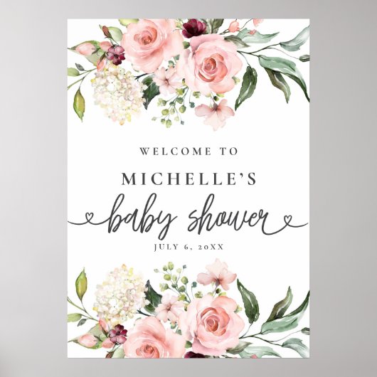 Roze Roses Baby shower Welkomstbord Poster (Voorkant)