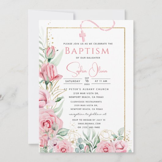 Roze Roses Baptism Girl Invitation Kaart (Voorkant)