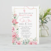 Roze Roses Baptism Girl Invitation Kaart (Staand voorkant)